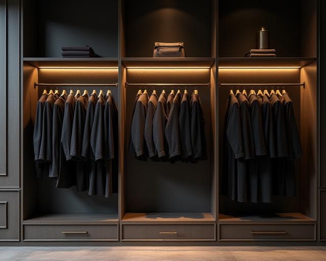 Elegant blackened steel clothing racks in a boutique.